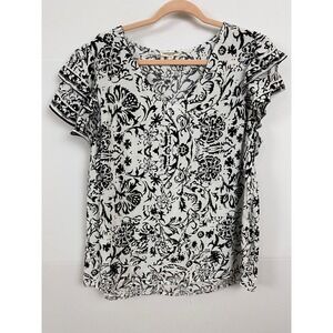 Christian Siriano New York Black White Floral Flutter Sleeve V Neck Top 1X